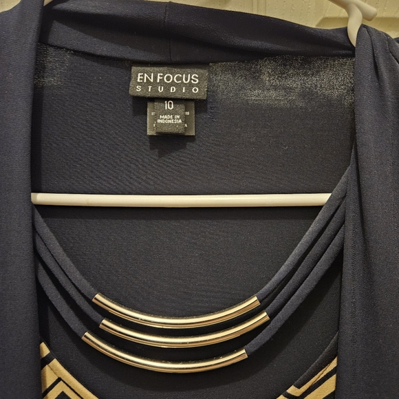 EnFocus Stylish Navy Blue and Tan Dress with Built in Necklace and Shall - Picture 2 of 9